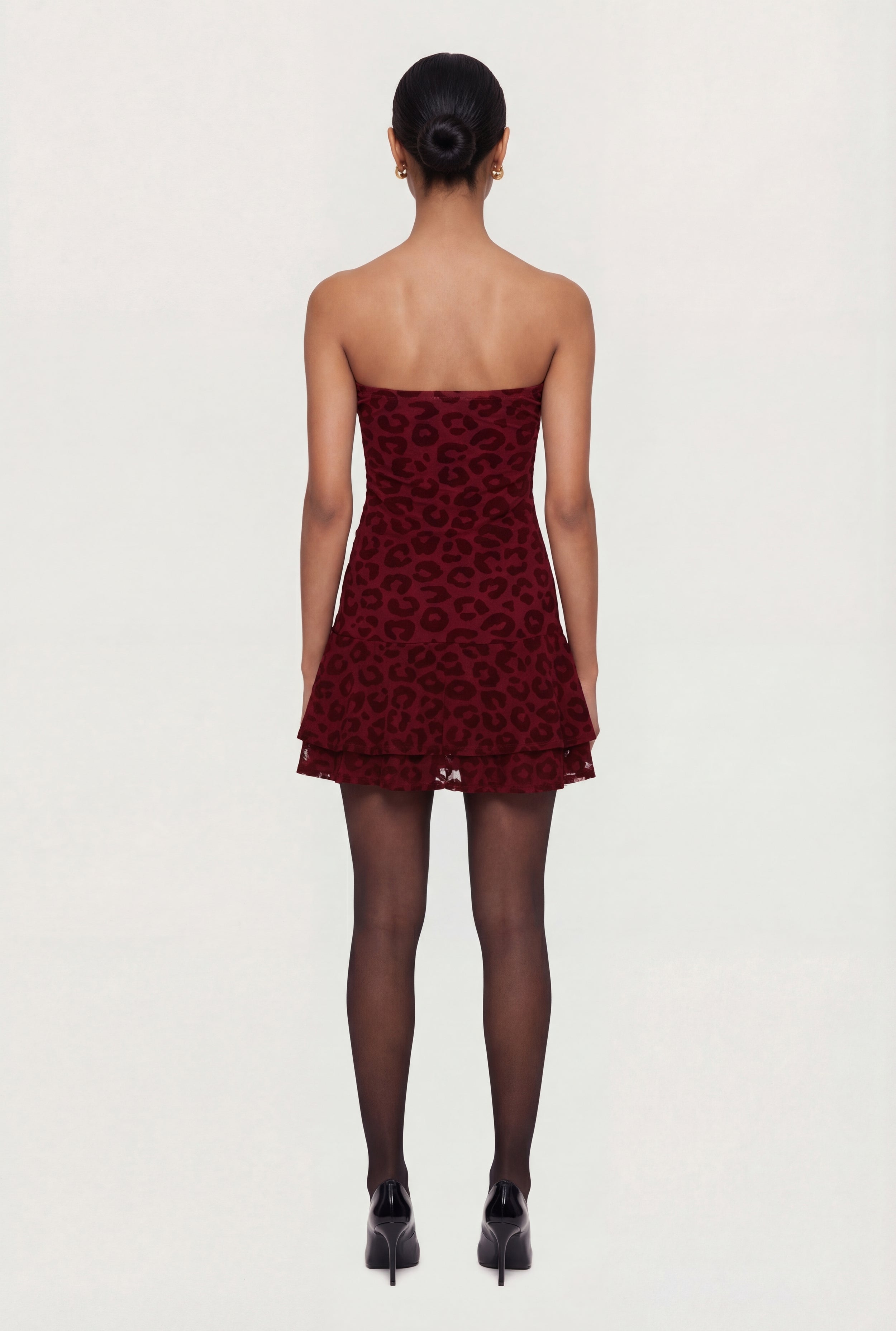Leopard Velvet Burnout Strapless Tiered Mini Dress