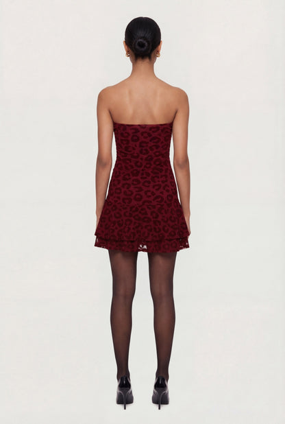Leopard Velvet Burnout Strapless Tiered Mini Dress