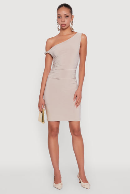 Asymmetrical Shoulder Ruched Side Mini Dress