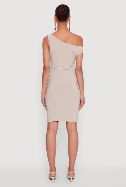 Asymmetrical Shoulder Ruched Side Mini Dress