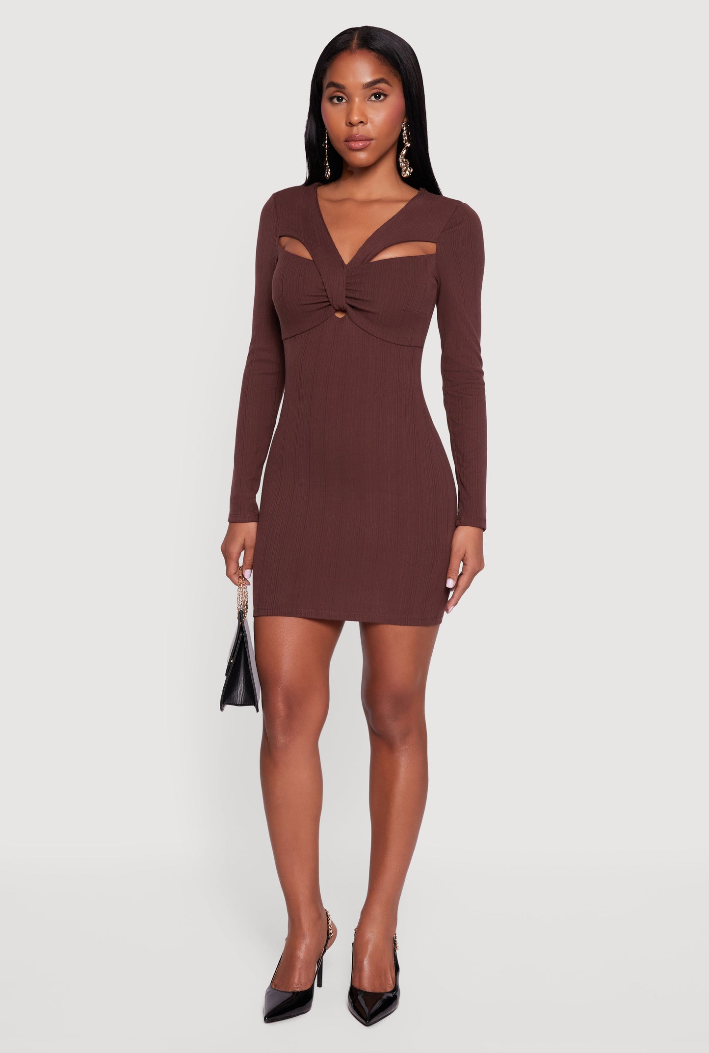 Ribbed Knit Padded Cup Twist Front Dress