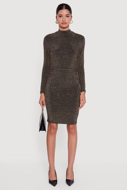 Lurex Long Sleeve Side Ruched Dress with Rhinestones