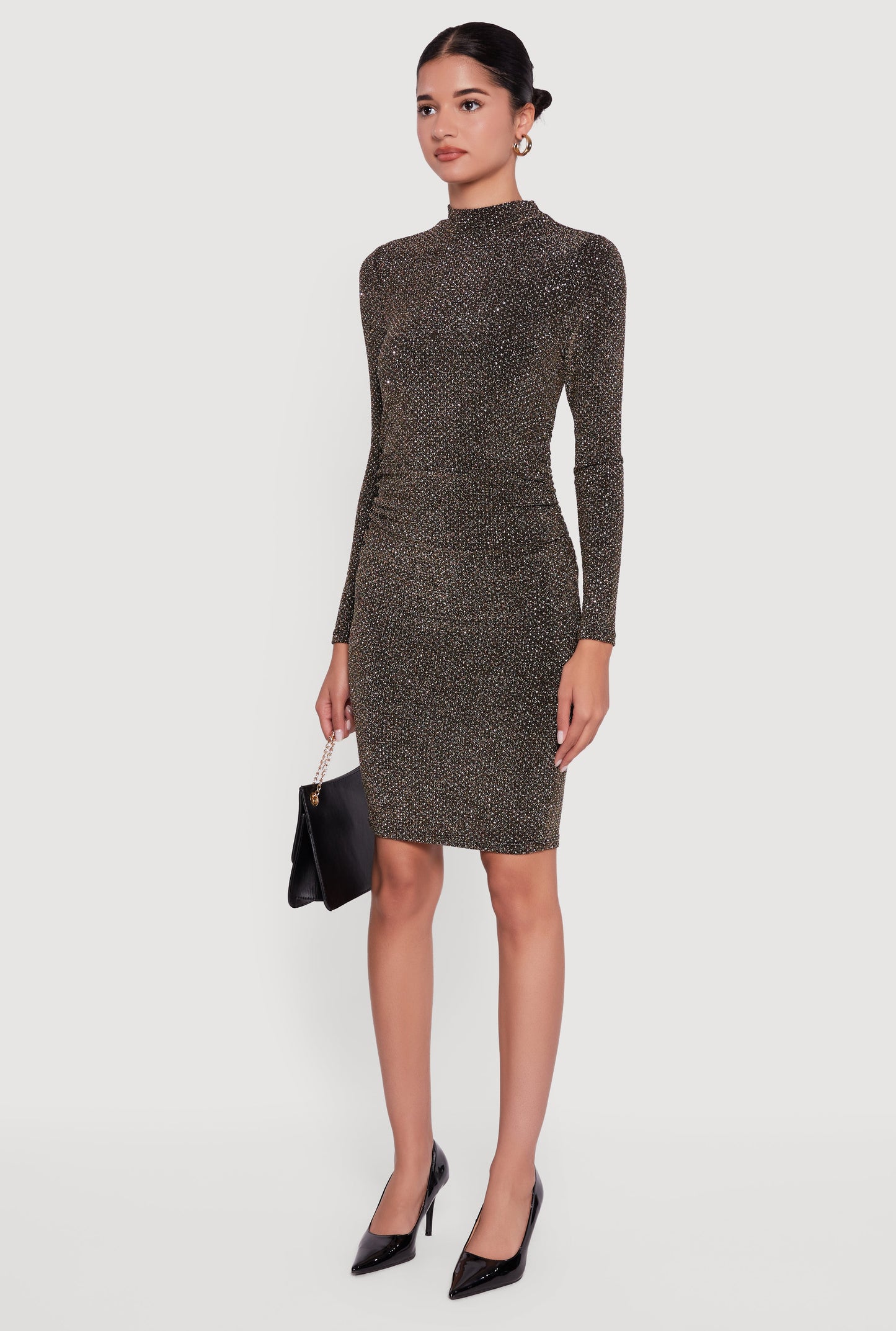 Lurex Long Sleeve Side Ruched Dress with Rhinestones