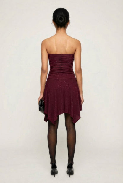 Strapless Side Ruched Handkerchief Hem Dress