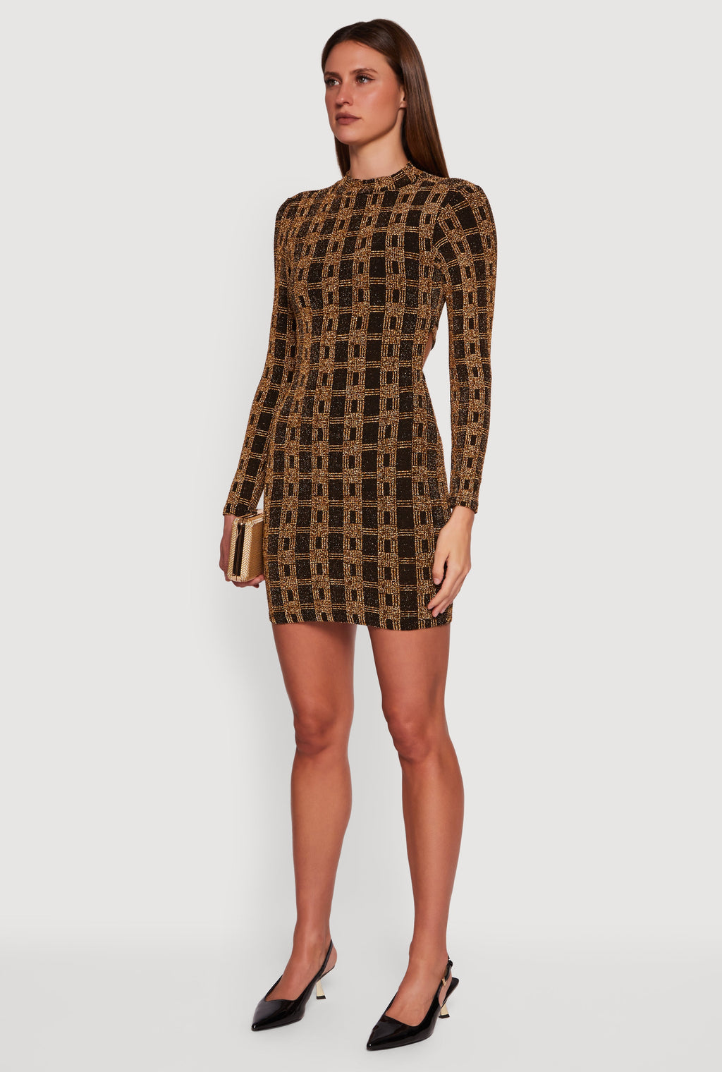 Geometric Lurex Long Sleeve Open Tie Back Mini Dress
