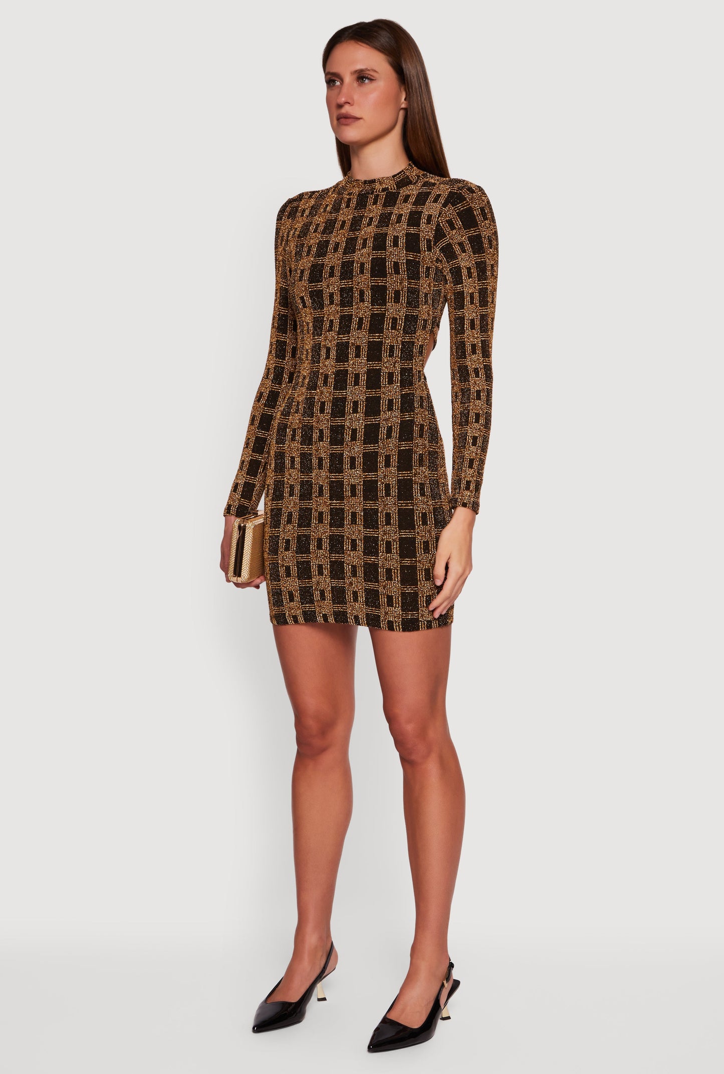 Geometric Lurex Long Sleeve Open Tie Back Mini Dress