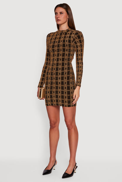Geometric Lurex Long Sleeve Open Tie Back Mini Dress