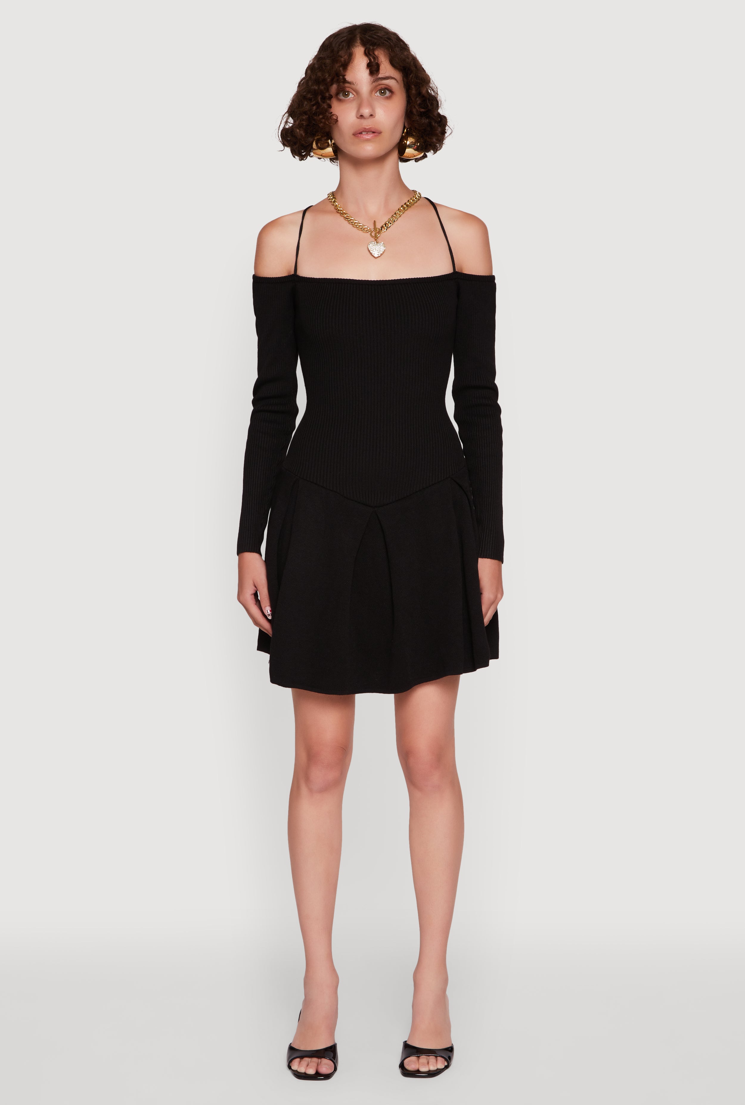 Ribbed Knit Lace Up Back Pleated Skater Dress