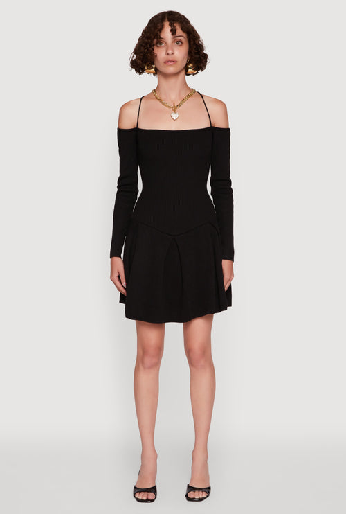 Ribbed Knit Lace Up Back Pleated Skater Dress