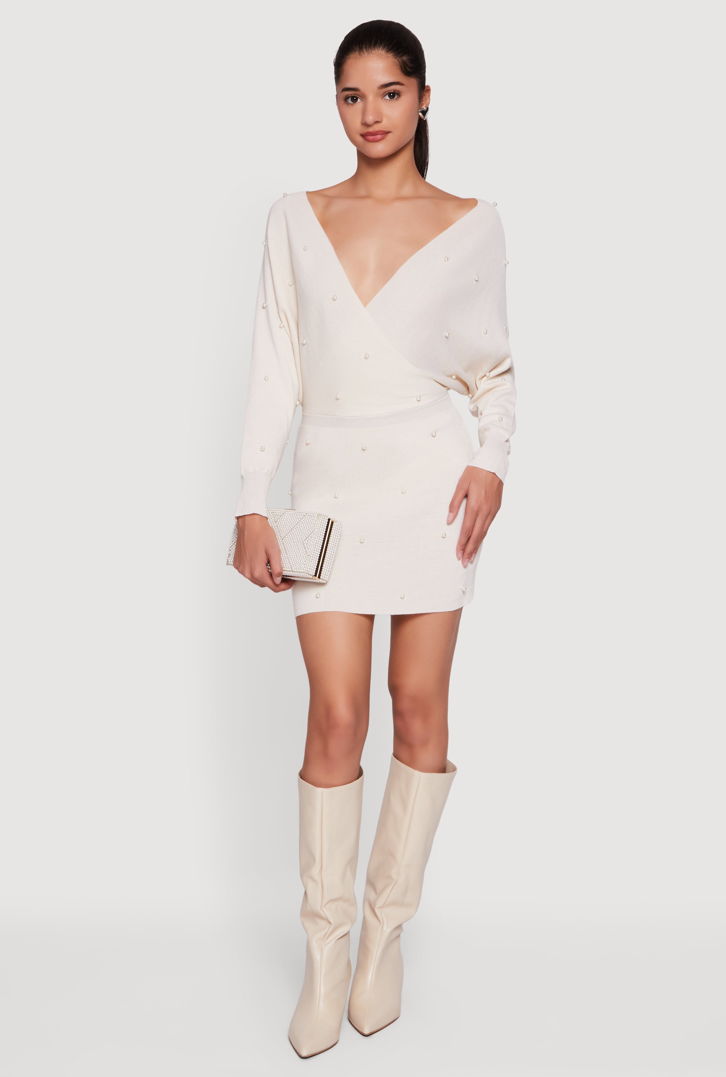 Faux Pearl Studded Faux Wrap Sweater Dress