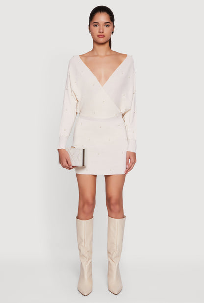 Faux Pearl Studded Faux Wrap Sweater Dress