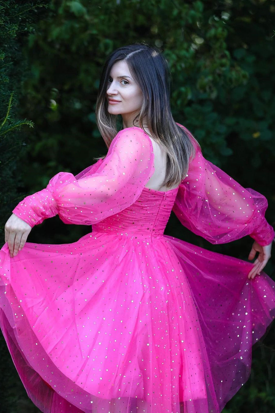 Long Puffy Sleeves Red Stars Mini Gown