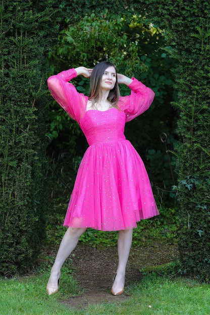 Long Puffy Sleeves Red Stars Mini Gown