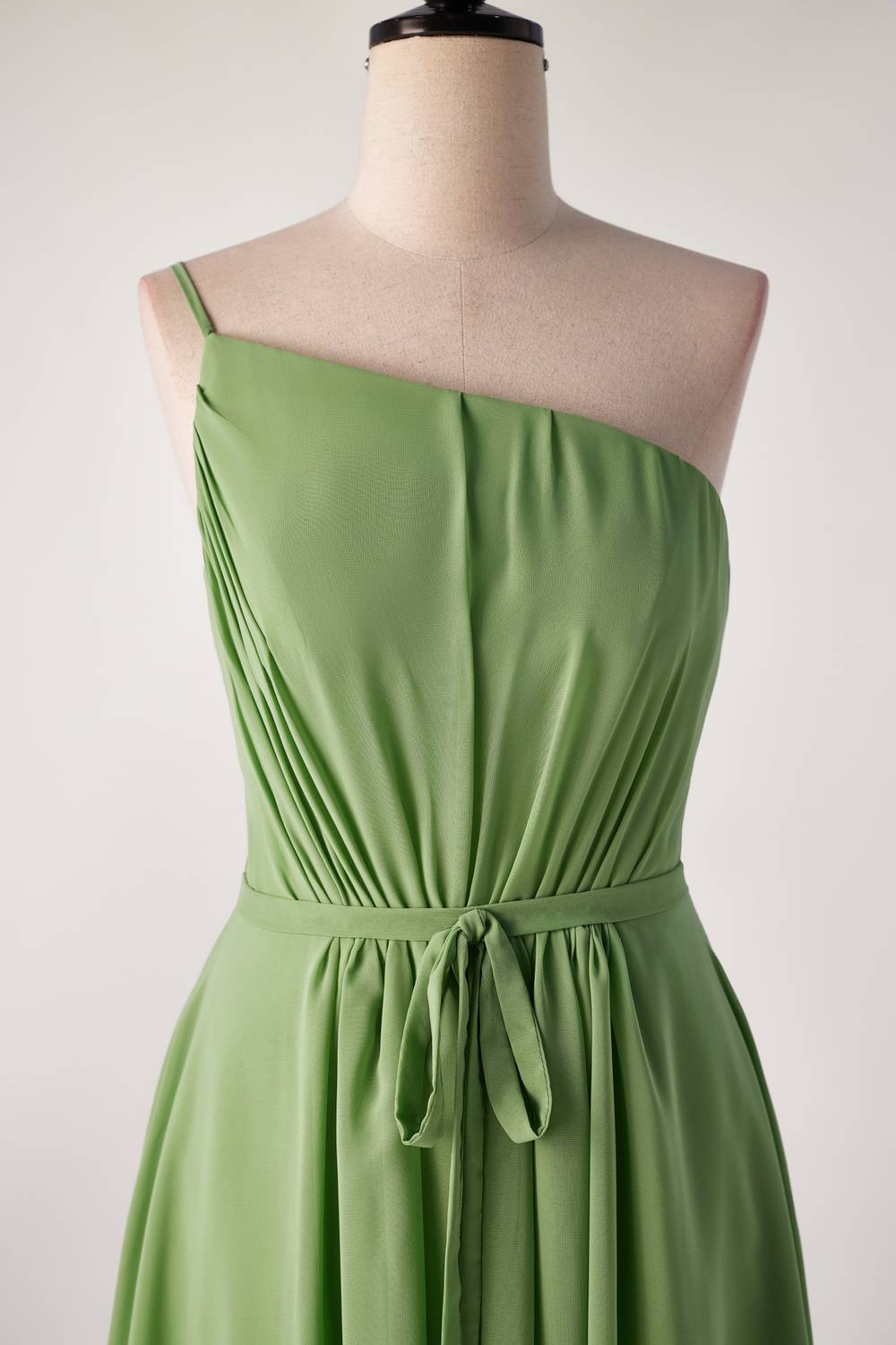 One Shoulder Matcha Green Long Bridesmaid Dress with Sash