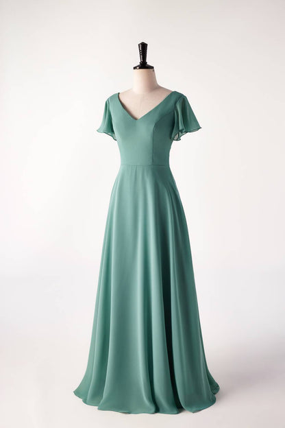 Flare Sleeves Eucalyptus Chiffon Long Bridesmaid Dress