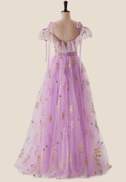 Off the Shoulder Lilac Floral Ruffles Formal Dress