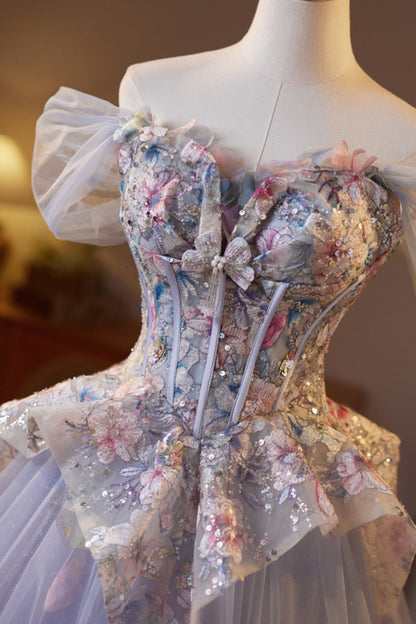 Off the Shoulder Purple Floral Embroidery A-line Ball Gown