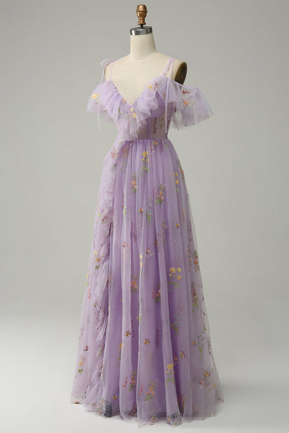 Lavender Floral Ruffles Tulle A-line Long Prom Dress