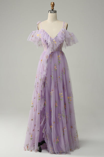 Lavender Floral Ruffles Tulle A-line Long Prom Dress