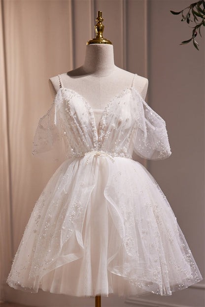 Off the Shoulder White Pearls A-line Short Dress