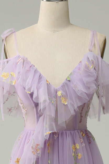 Lavender Floral Ruffles Tulle A-line Long Prom Dress