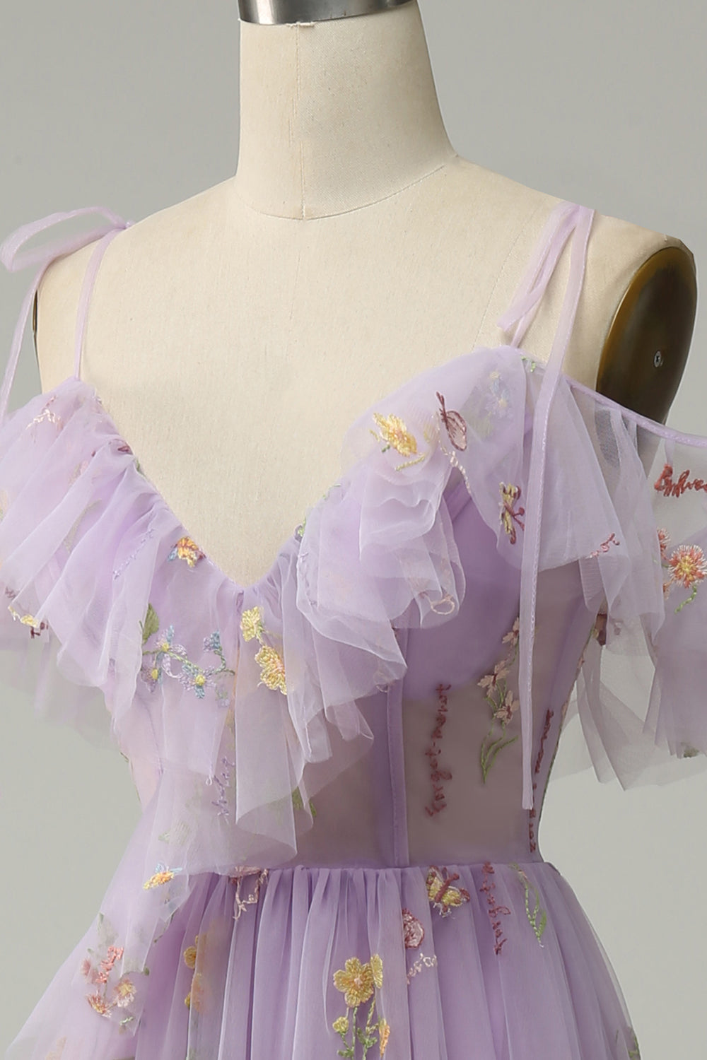 Lavender Floral Ruffles Tulle A-line Long Prom Dress