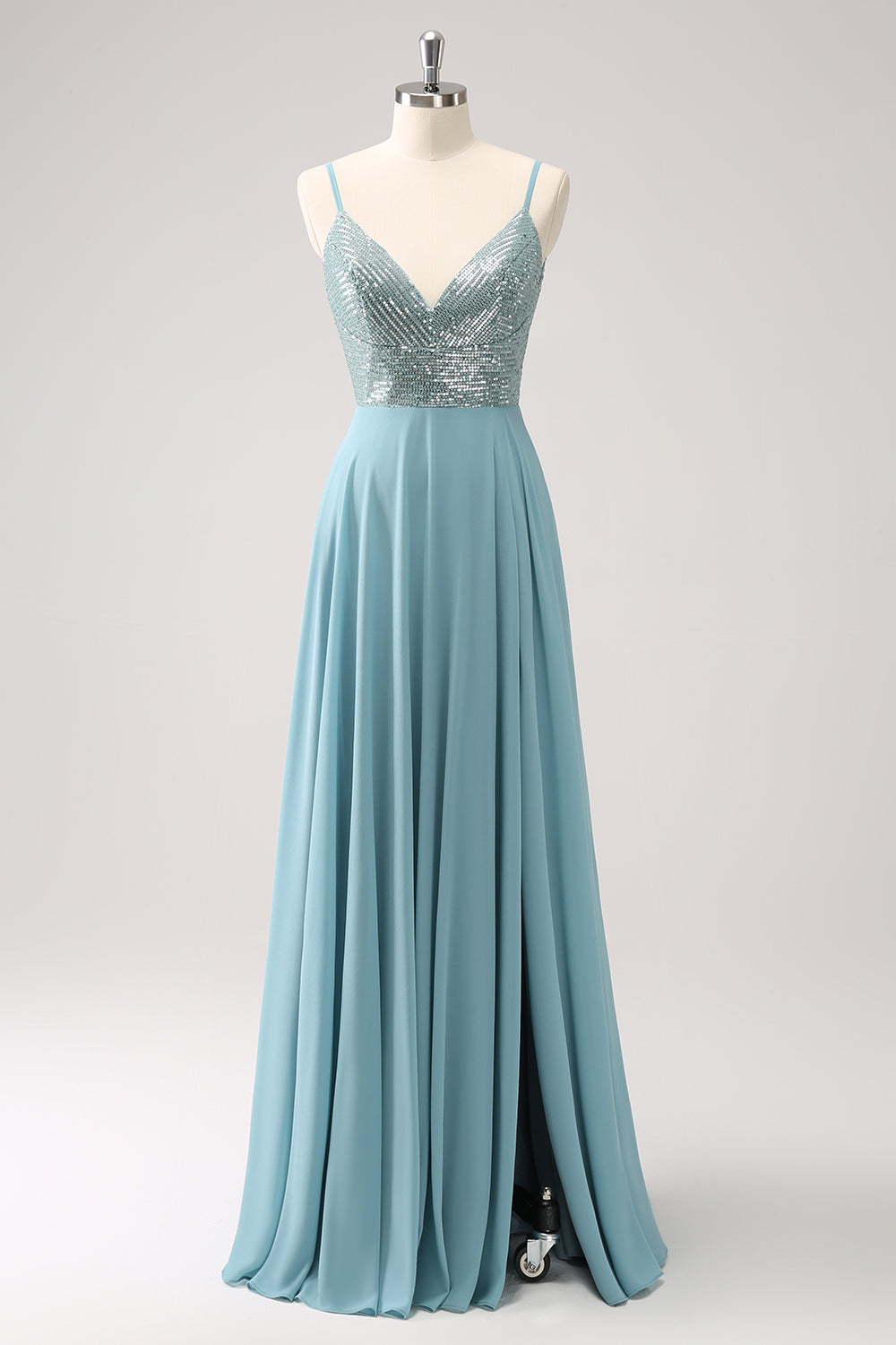 Grey Green Spaghetti Straps Backless Long Bridesmaid Dress With Slit