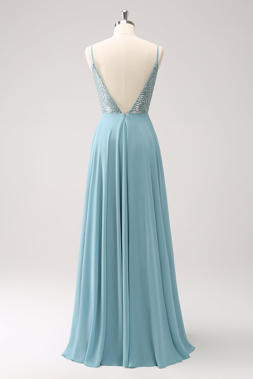 Grey Green Spaghetti Straps Backless Long Bridesmaid Dress With Slit