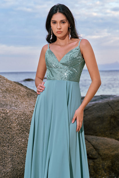 Grey Green Spaghetti Straps Backless Long Bridesmaid Dress With Slit