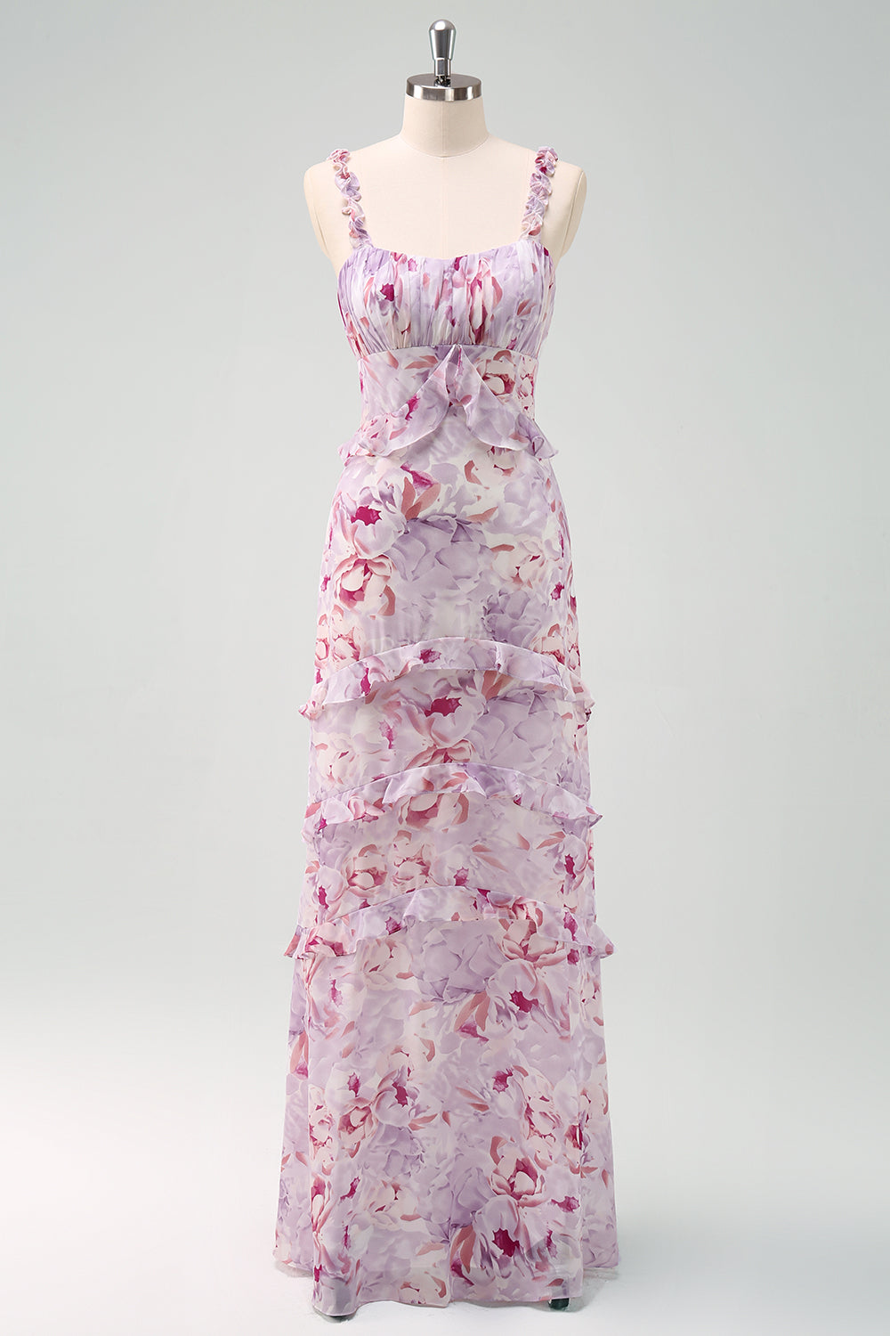 Grey Purple Sheath Ruffled Floral Long Bridesmaid Dress