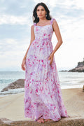 Grey Purple Chiffon Floral Long Bridesmaid Dress