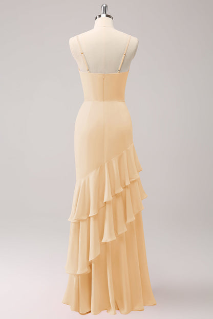Champagne Spaghetti Straps Mermaid Bridesmaid Dress with Ruffles