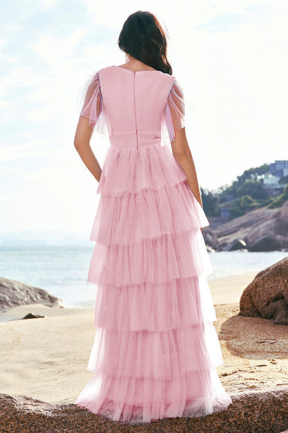 Grey Blue A-Line V Neck Tulle Long Tiered Bridesmaid Dress with Slit