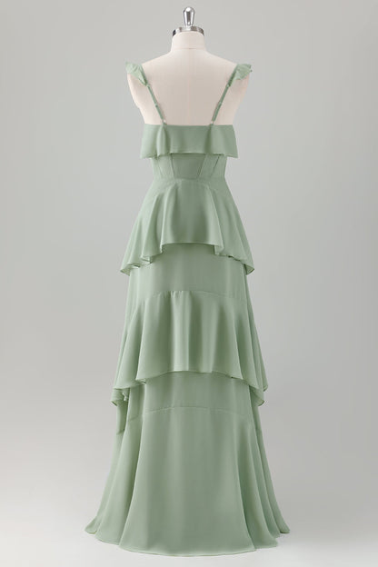 Light Green A-Line Tiered Chiffon Corset Long Bridesmaid Dress