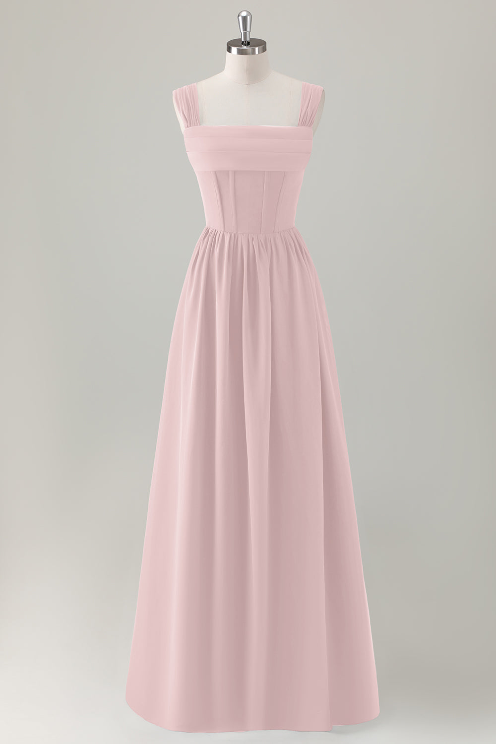 Champagne Corset A-Line Square Neck Long Bridesmaid Dress with Lace Up Back