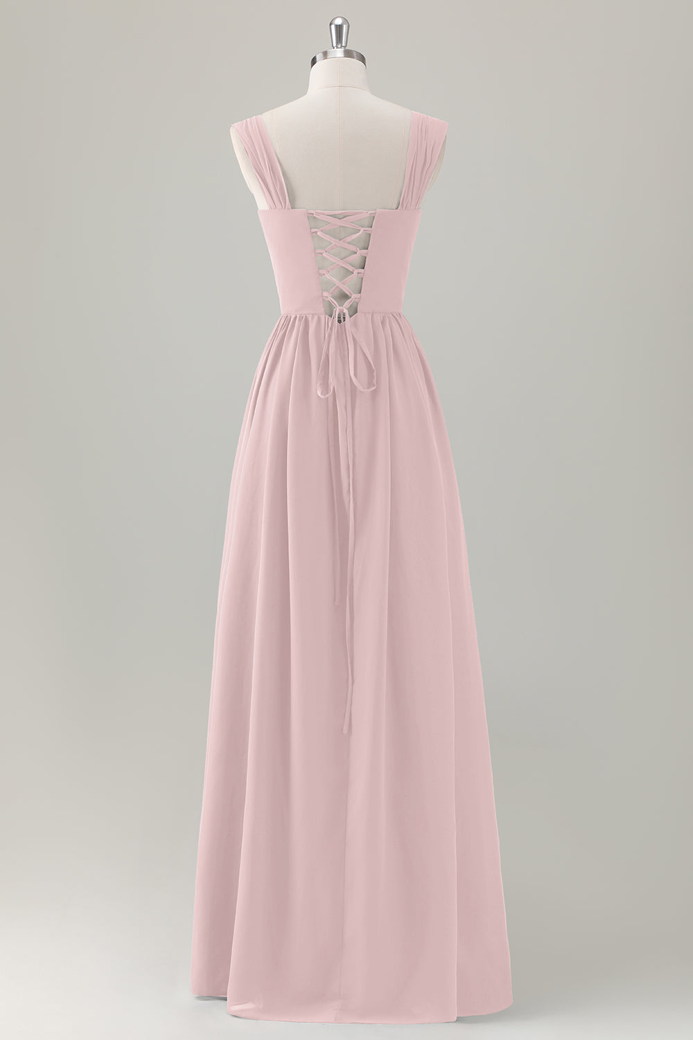 Champagne Corset A-Line Square Neck Long Bridesmaid Dress with Lace Up Back