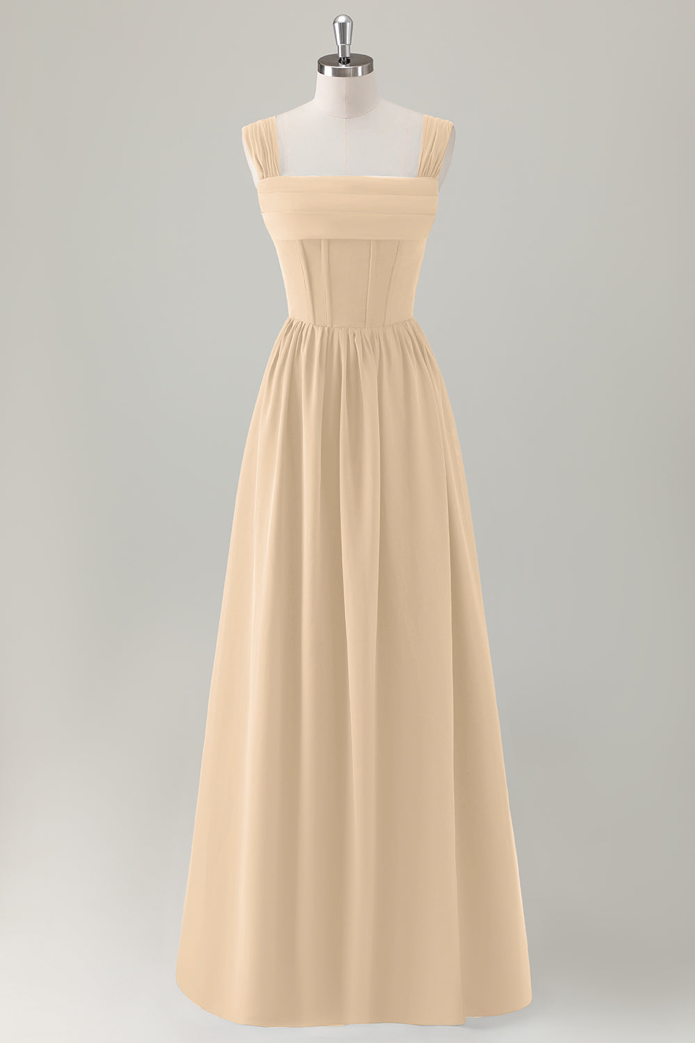 Champagne Corset A-Line Square Neck Long Bridesmaid Dress with Lace Up Back