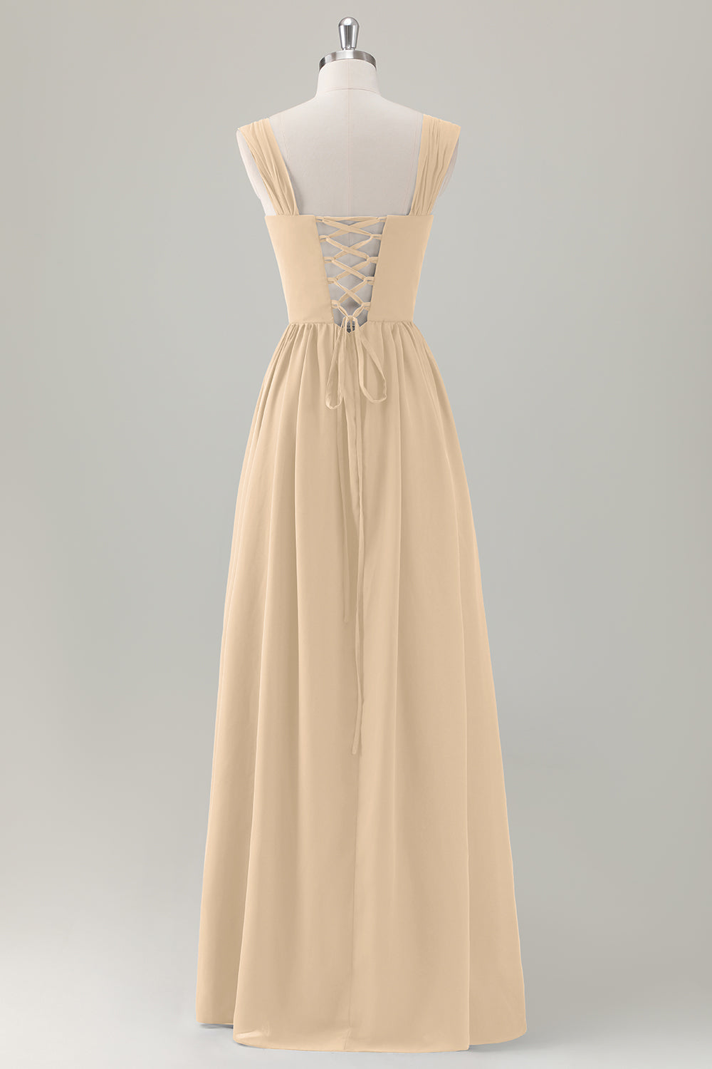 Champagne Corset A-Line Square Neck Long Bridesmaid Dress with Lace Up Back