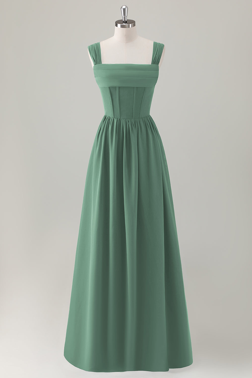 Champagne Corset A-Line Square Neck Long Bridesmaid Dress with Lace Up Back