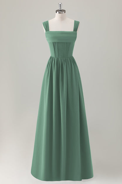 Champagne Corset A-Line Square Neck Long Bridesmaid Dress with Lace Up Back