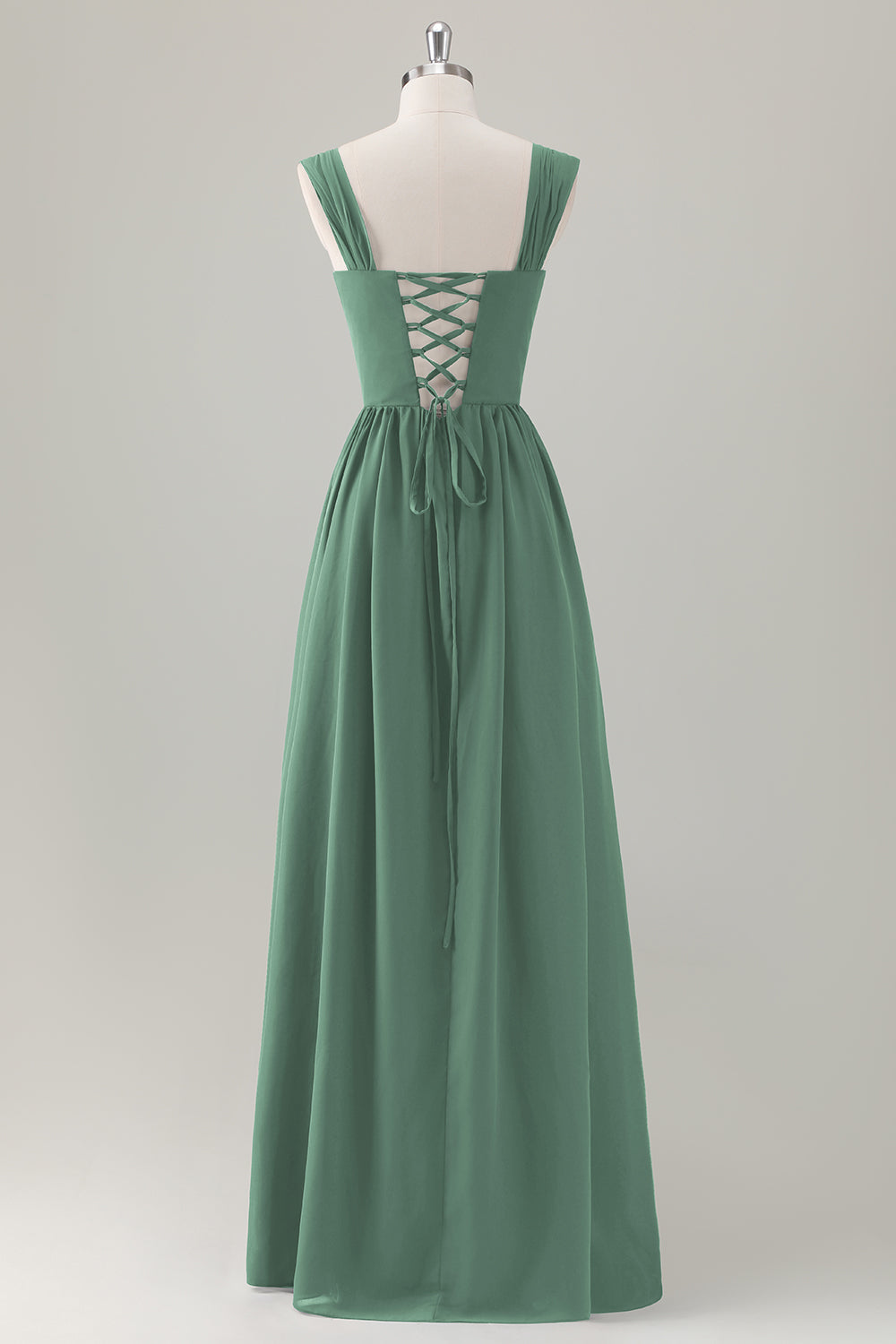 Champagne Corset A-Line Square Neck Long Bridesmaid Dress with Lace Up Back