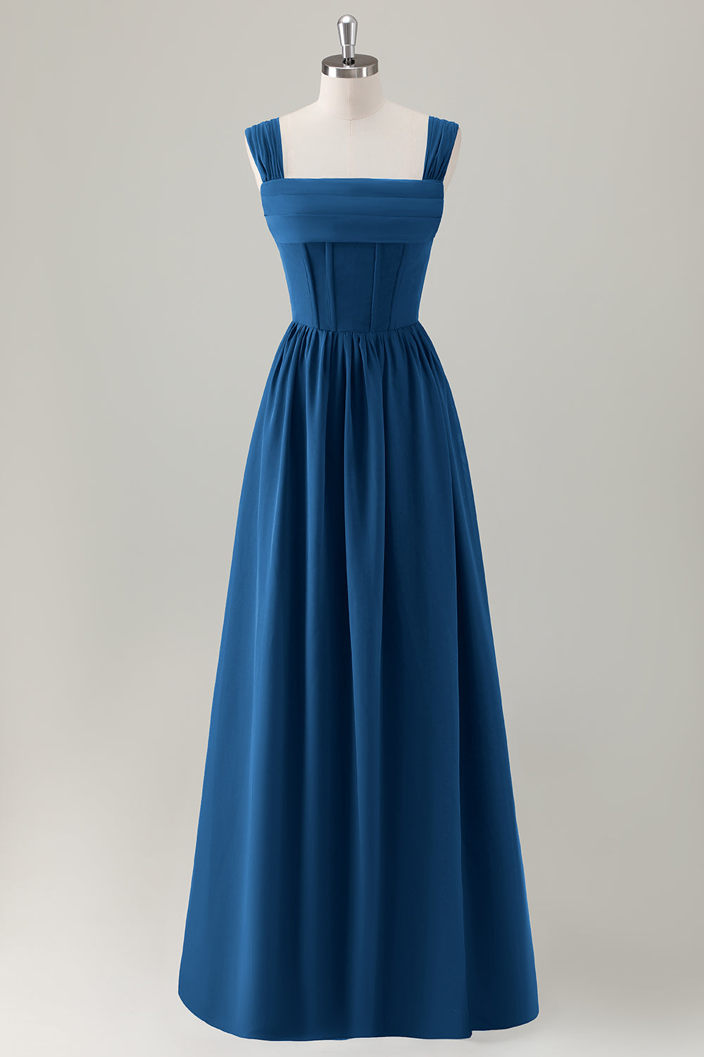 Champagne Corset A-Line Square Neck Long Bridesmaid Dress with Lace Up Back