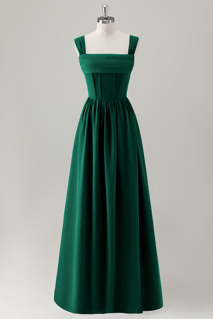 Champagne Corset A-Line Square Neck Long Bridesmaid Dress with Lace Up Back