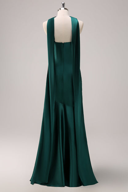 Dark Green Mermaid Halter Satin Long Bridesmaid Dress with Streamer