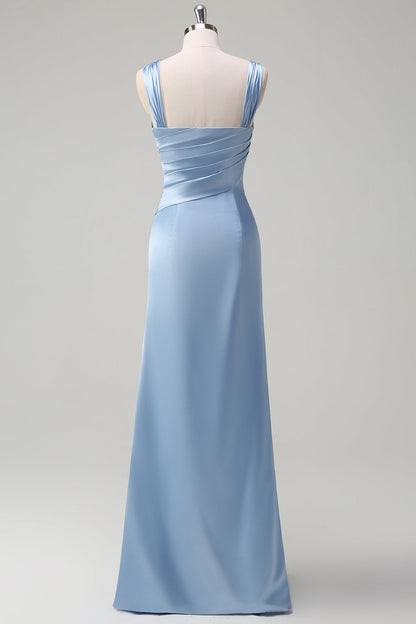 Sky Blue Sheath One Shoulder Long Brideamaid Dress with Slit