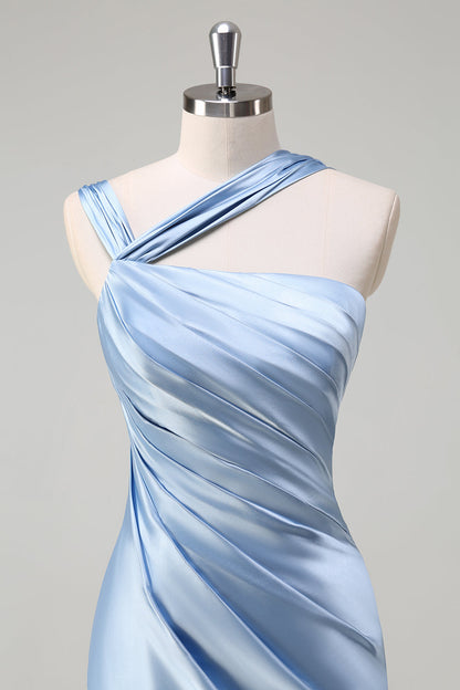 Sky Blue Sheath One Shoulder Long Brideamaid Dress with Slit