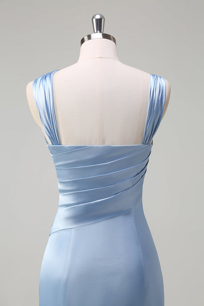 Sky Blue Sheath One Shoulder Long Brideamaid Dress with Slit