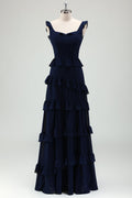 Navy A-Line Chiffon Ruffled Tiered Long Bridesmaid Dress