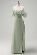 Light Green Off The Shoulder Chiffon Long Bridesmaid Dress