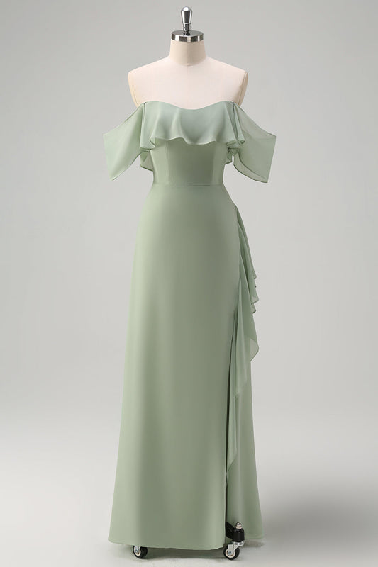 Light Green Off The Shoulder Chiffon Long Bridesmaid Dress